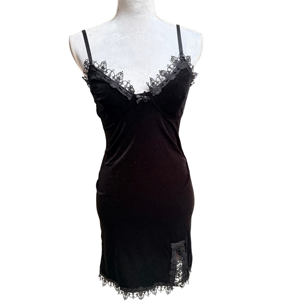 Black Velvet Velour Lace Mini Slip Dress M Stretch Bodycon Whimsigoth Coquette